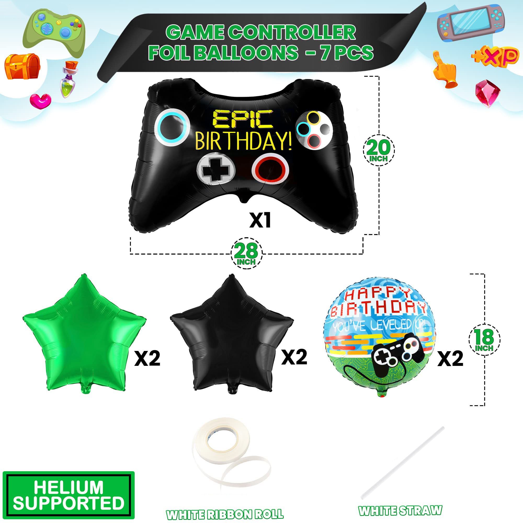 7pcs Video Game Mylar Balloons - Party Games Using Balloons のレビューと価格